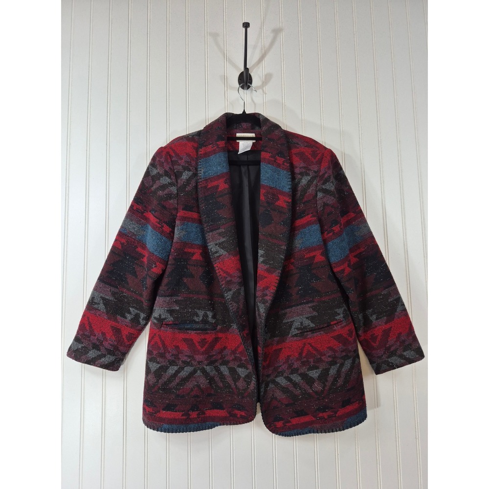 Coldwater Creek Southwestern Wool Blend Blazer Jacket Red Blue Petite Large